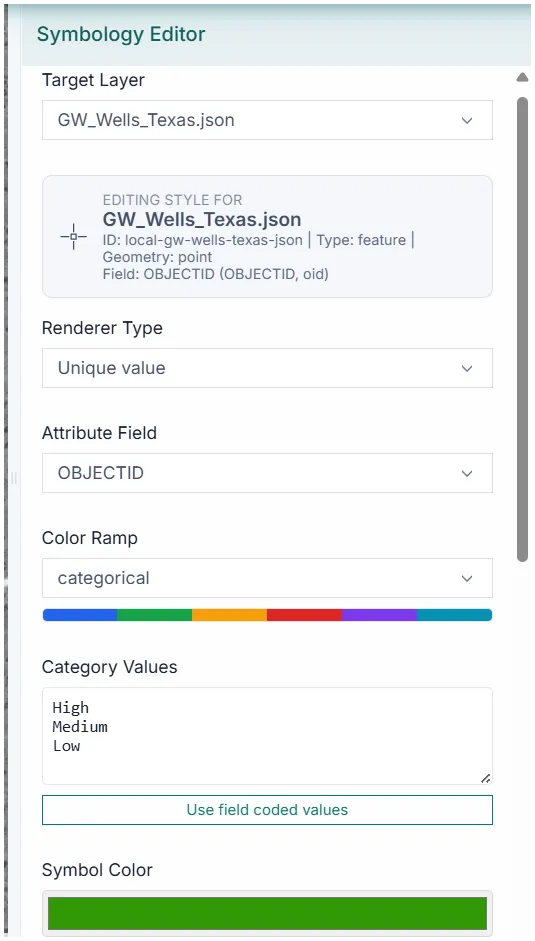 Symbology editor open over a GIS map.
